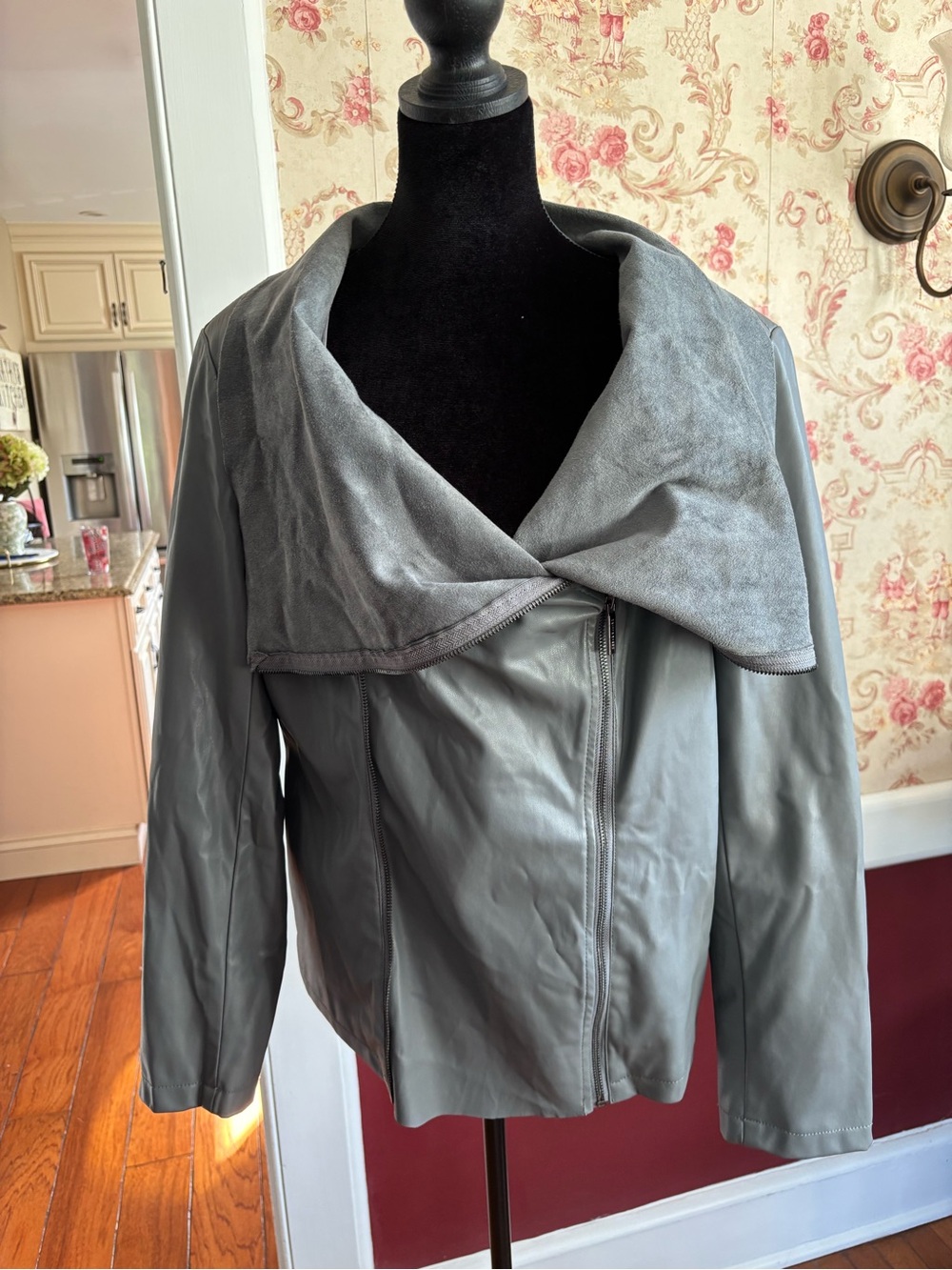 Grey Women's Faux Leather Jacket with Draped Collar